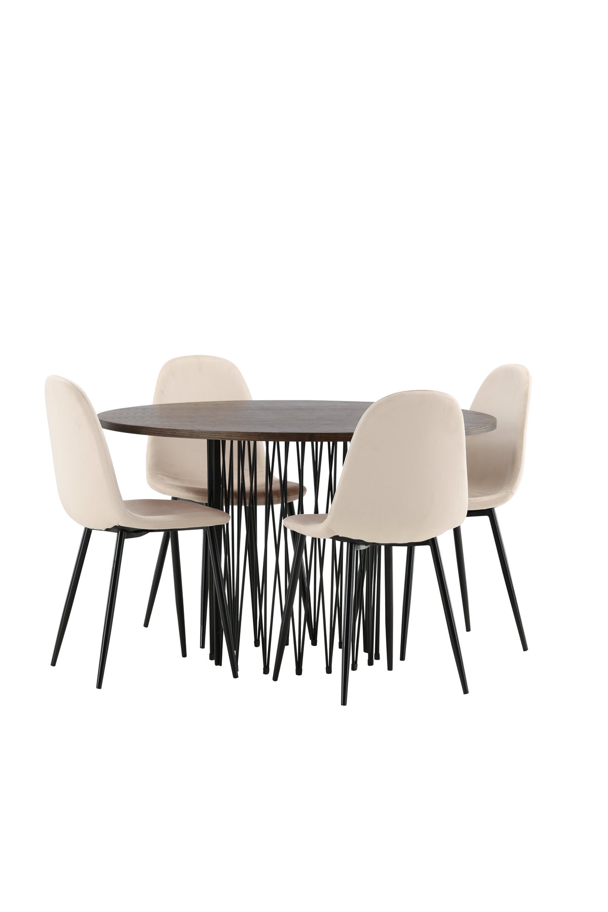 Rundes Esszimmerset mit Steinlook-Tisch aus MDF und Mocca-Furnier, schwarzem Metallgestell und vier Limhamn-Stühlen mit beigem Samtbezug.