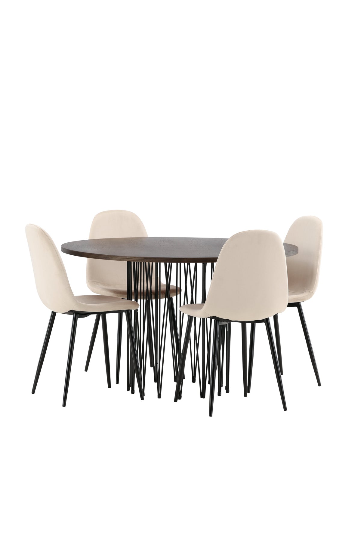 Rundes Esszimmerset mit Steinlook-Tisch aus MDF und Mocca-Furnier, schwarzem Metallgestell und vier Limhamn-Stühlen mit beigem Samtbezug.