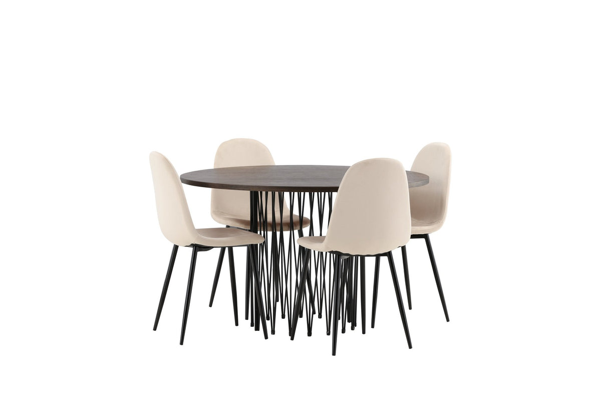 Rundes Esszimmerset mit Steinlook-Tisch aus MDF und Mocca-Furnier, schwarzem Metallgestell und vier Limhamn-Stühlen mit beigem Samtbezug.