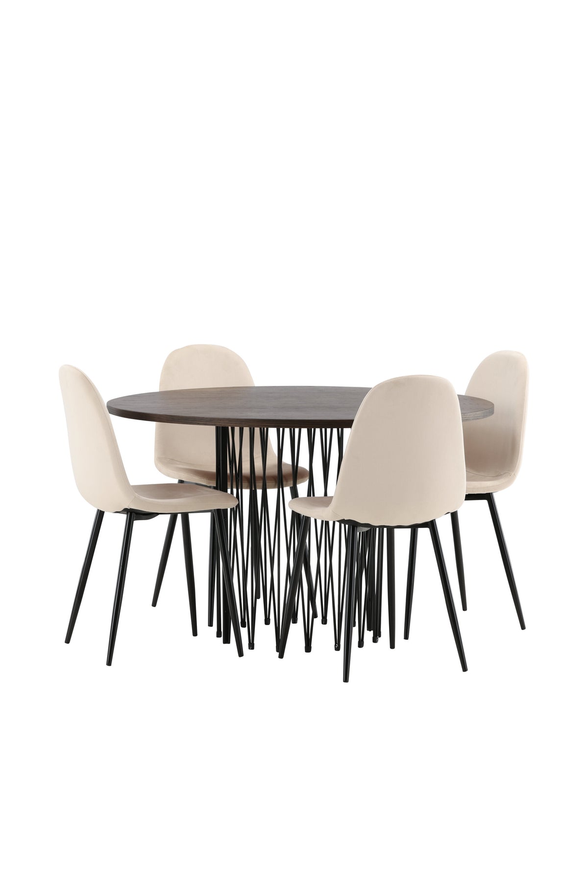 Rundes Esszimmerset mit Steinlook-Tisch aus MDF und Mocca-Furnier, schwarzem Metallgestell und vier Limhamn-Stühlen mit beigem Samtbezug.