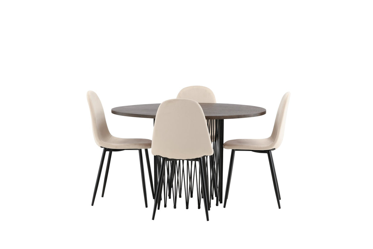 Rundes Esszimmerset mit Steinlook-Tisch aus MDF und Mocca-Furnier, schwarzem Metallgestell und vier Limhamn-Stühlen mit beigem Samtbezug.