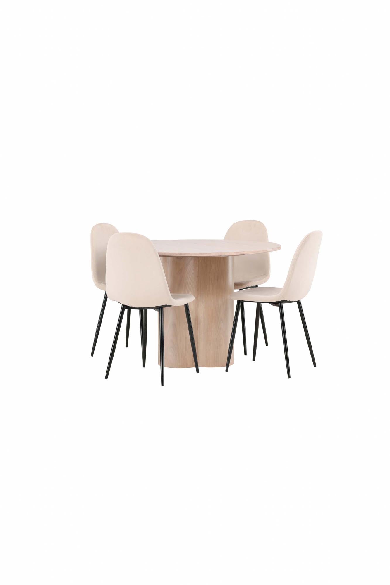 Stilvolles Esszimmer Set mit runder Tischplatte und 4 gepolsterten Samt-Stühlen. Ideal für gemütliche Abende und modernes Wohnen.