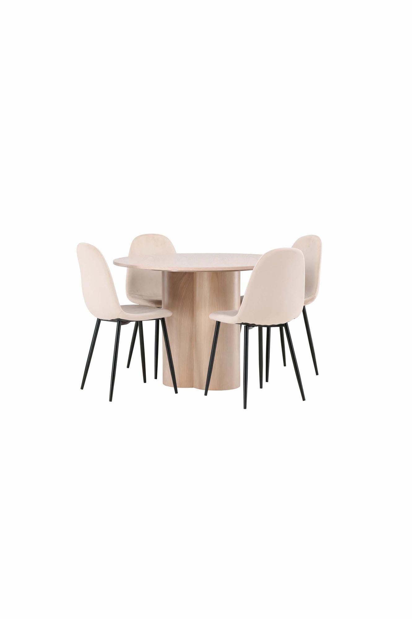 Elegantes Esszimmer Set mit skandinavischem Design: runder Mokka-Tisch und 4 bequeme Samt-Stühle. Perfekt für gesellige Abende!