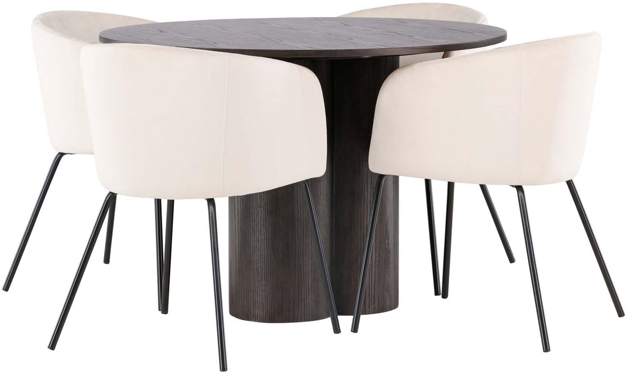 Stilvolles Olivia Esszimmer Set mit runden 110 cm Tisch und 4 gepolsterten Berit Stühlen. Perfekt für gemütliche Essmomente und modernes Ambiente.