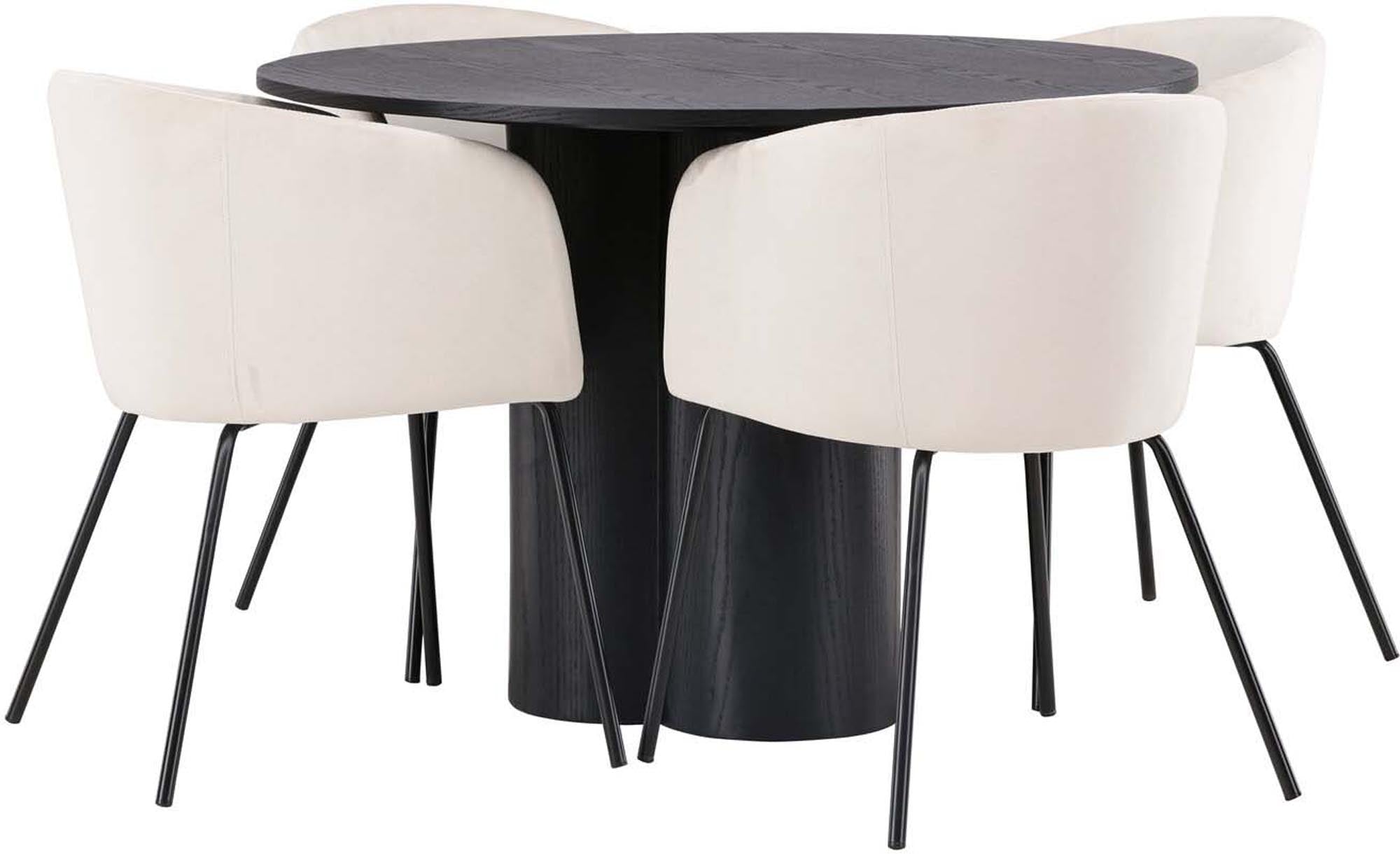 Stilvolles Olivia Esszimmer Set mit runden 110 cm Tisch und 4 gepolsterten Berit Stühlen. Perfekt für gemütliche Essmomente und modernes Ambiente.