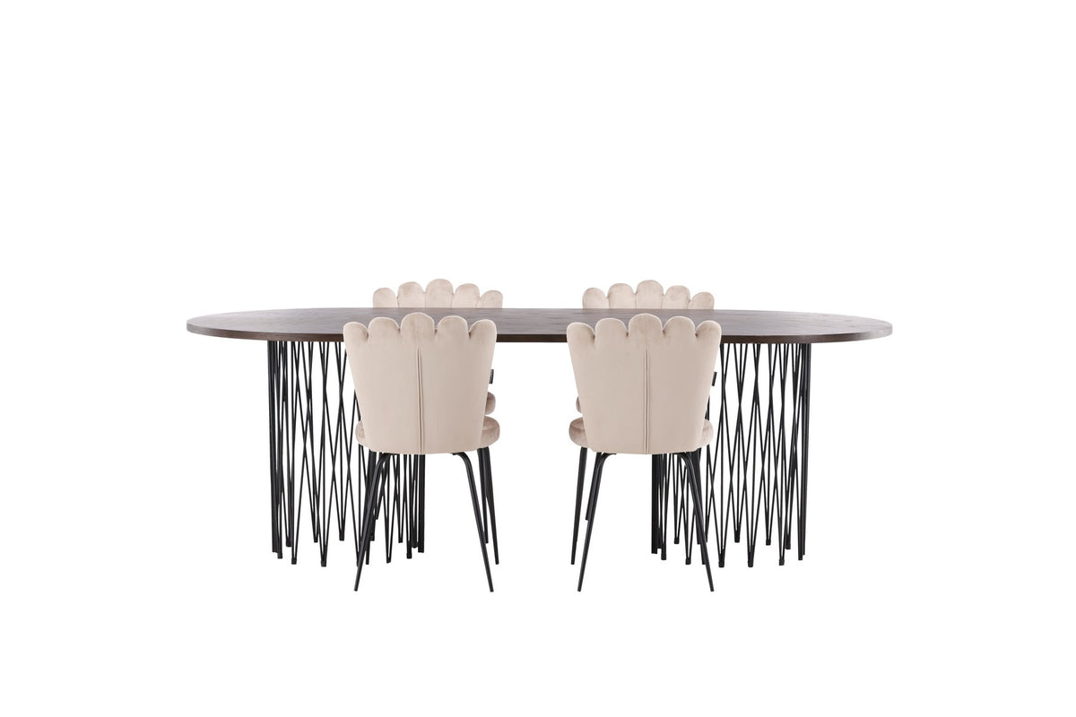 Ovaler Esstisch mit Tischplatte aus MDF mit Mocca-Furnier und schwarzem Metallgestell, umgeben von vier Limhamn-Stühlen mit beigem Samtbezug.