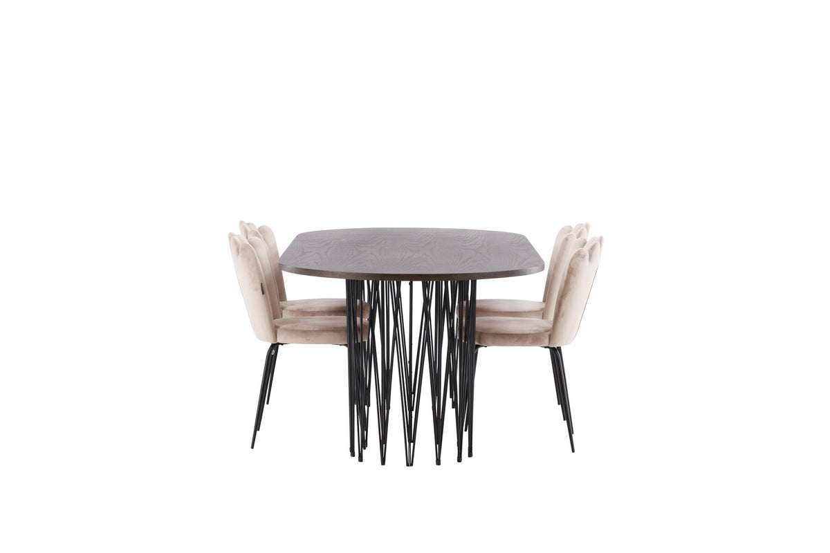 Ovaler Esstisch mit Tischplatte aus MDF mit Mocca-Furnier und schwarzem Metallgestell, umgeben von vier Limhamn-Stühlen mit beigem Samtbezug.