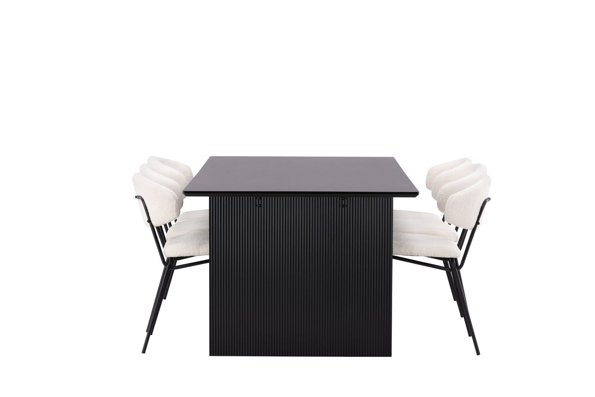 Esszimmerset aus rechteckigem MDF-Tisch in Rauchschwarz mit sechs Limhamn-Stühlen, beiger Samtbezug, muschelförmige Rückenlehne, schwarze Metallbeine.