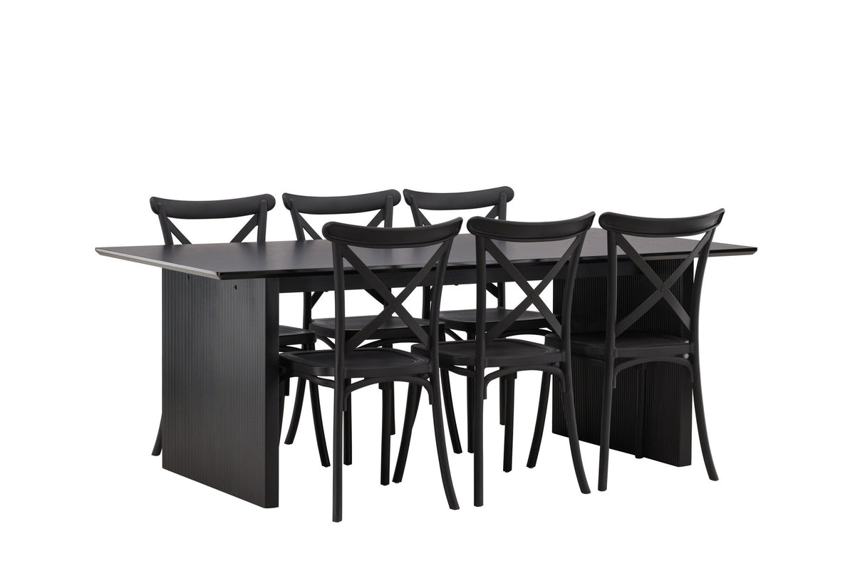 Esszimmerset aus rechteckigem MDF-Tisch in Rauchschwarz mit sechs Limhamn-Stühlen, beiger Samtbezug, muschelförmige Rückenlehne, schwarze Metallbeine.