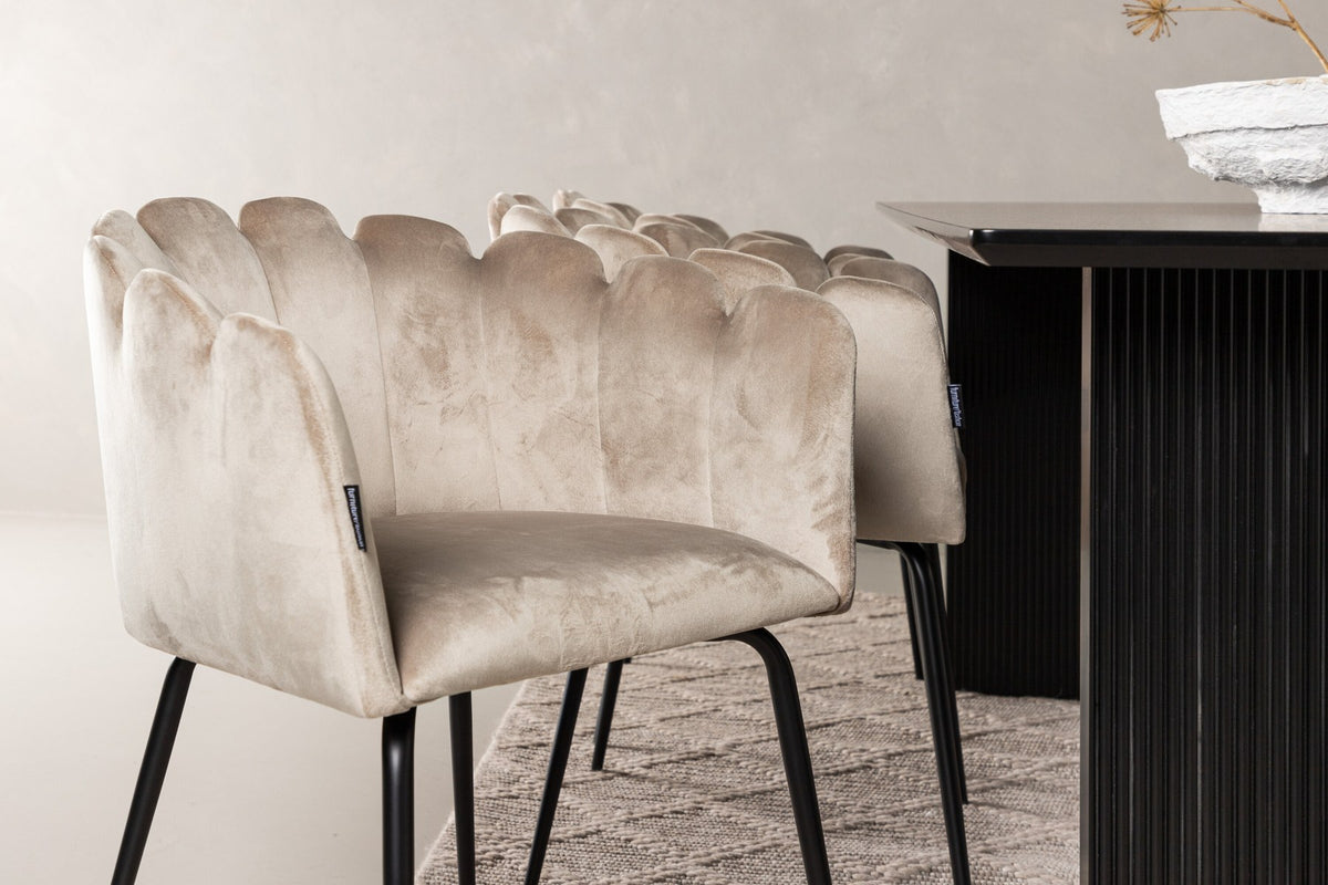 Esszimmerset aus rechteckigem MDF-Tisch in Rauchschwarz mit sechs Limhamn-Stühlen, beiger Samtbezug, muschelförmige Rückenlehne, schwarze Metallbeine.