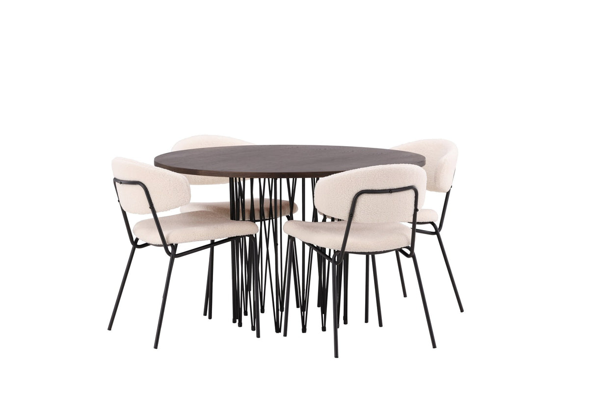 Rundes Esszimmerset mit Steinlook-Tisch aus MDF und Mocca-Furnier, schwarzem Metallgestell und vier Limhamn-Stühlen mit beigem Samtbezug.