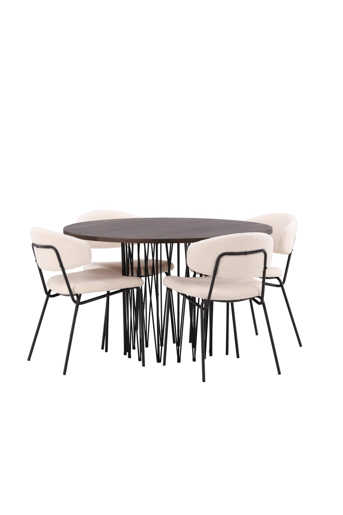 Rundes Esszimmerset mit Steinlook-Tisch aus MDF und Mocca-Furnier, schwarzem Metallgestell und vier Limhamn-Stühlen mit beigem Samtbezug.