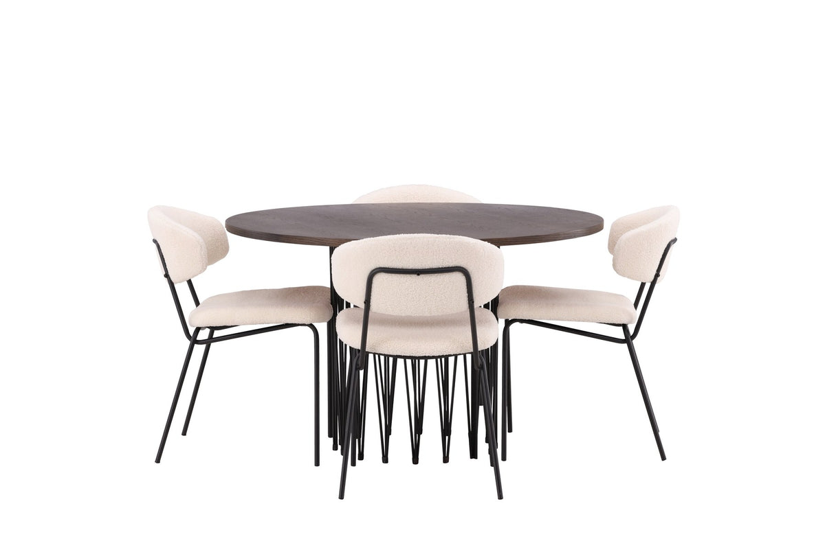 Rundes Esszimmerset mit Steinlook-Tisch aus MDF und Mocca-Furnier, schwarzem Metallgestell und vier Limhamn-Stühlen mit beigem Samtbezug.