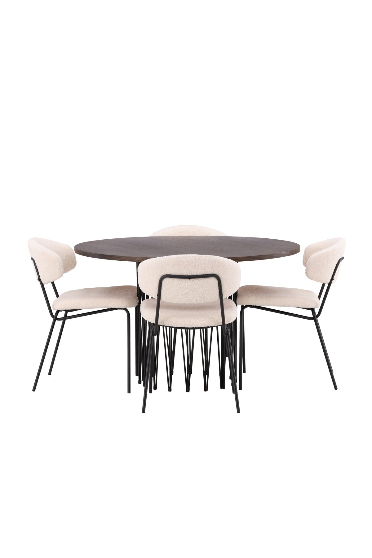 Rundes Esszimmerset mit Steinlook-Tisch aus MDF und Mocca-Furnier, schwarzem Metallgestell und vier Limhamn-Stühlen mit beigem Samtbezug.