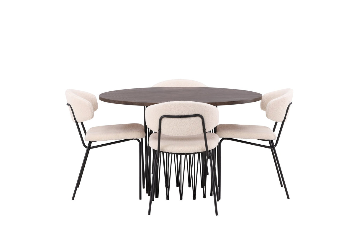 Rundes Esszimmerset mit Steinlook-Tisch aus MDF und Mocca-Furnier, schwarzem Metallgestell und vier Limhamn-Stühlen mit beigem Samtbezug.