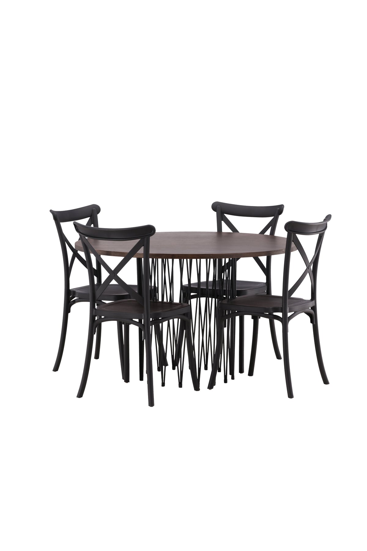 Rundes Esszimmerset mit Steinlook-Tisch aus MDF und Mocca-Furnier, schwarzem Metallgestell und vier Limhamn-Stühlen mit beigem Samtbezug.