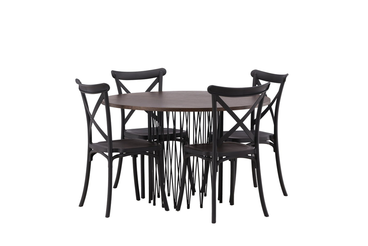 Rundes Esszimmerset mit Steinlook-Tisch aus MDF und Mocca-Furnier, schwarzem Metallgestell und vier Limhamn-Stühlen mit beigem Samtbezug.