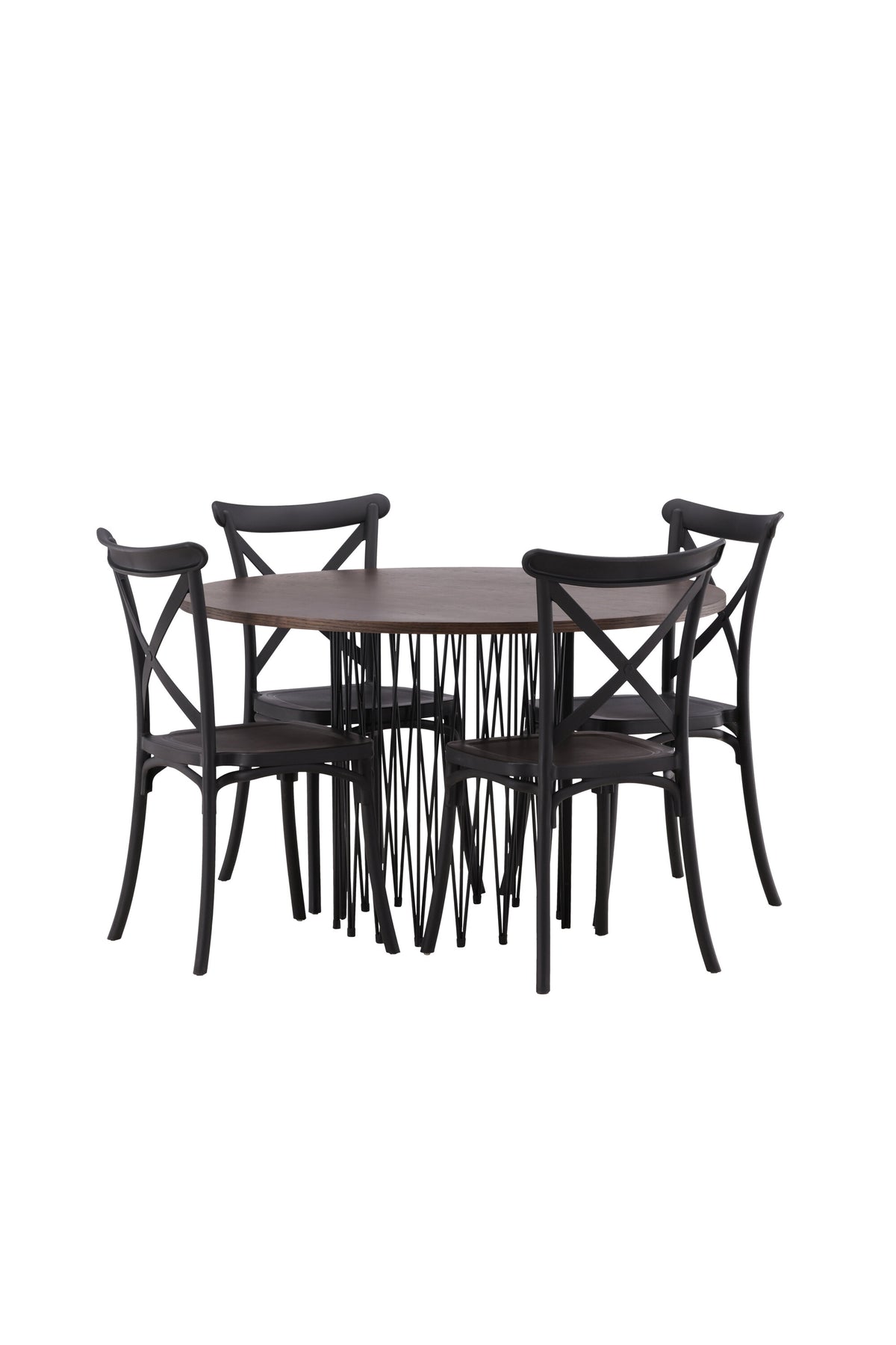 Rundes Esszimmerset mit Steinlook-Tisch aus MDF und Mocca-Furnier, schwarzem Metallgestell und vier Limhamn-Stühlen mit beigem Samtbezug.