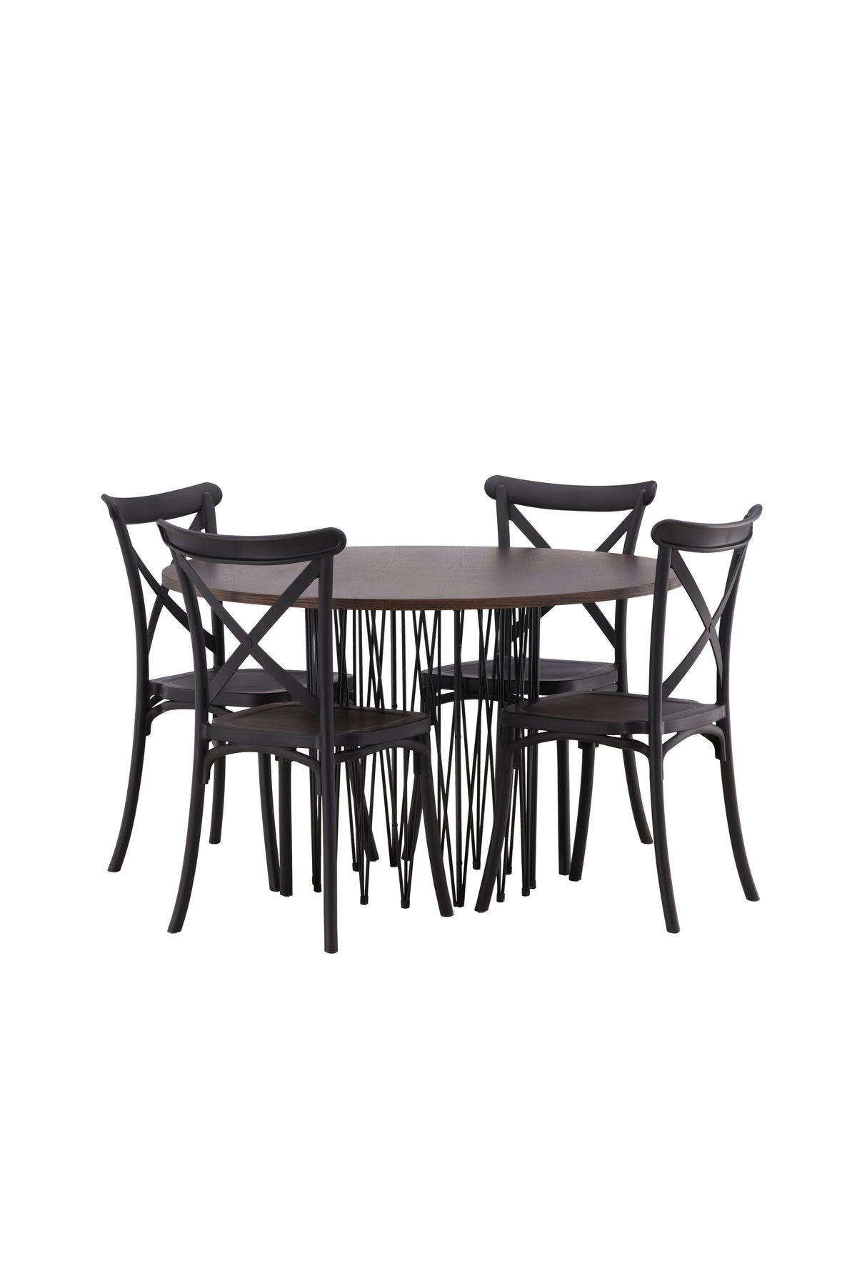 Rundes Esszimmerset mit Steinlook-Tisch aus MDF und Mocca-Furnier, schwarzem Metallgestell und vier Limhamn-Stühlen mit beigem Samtbezug.
