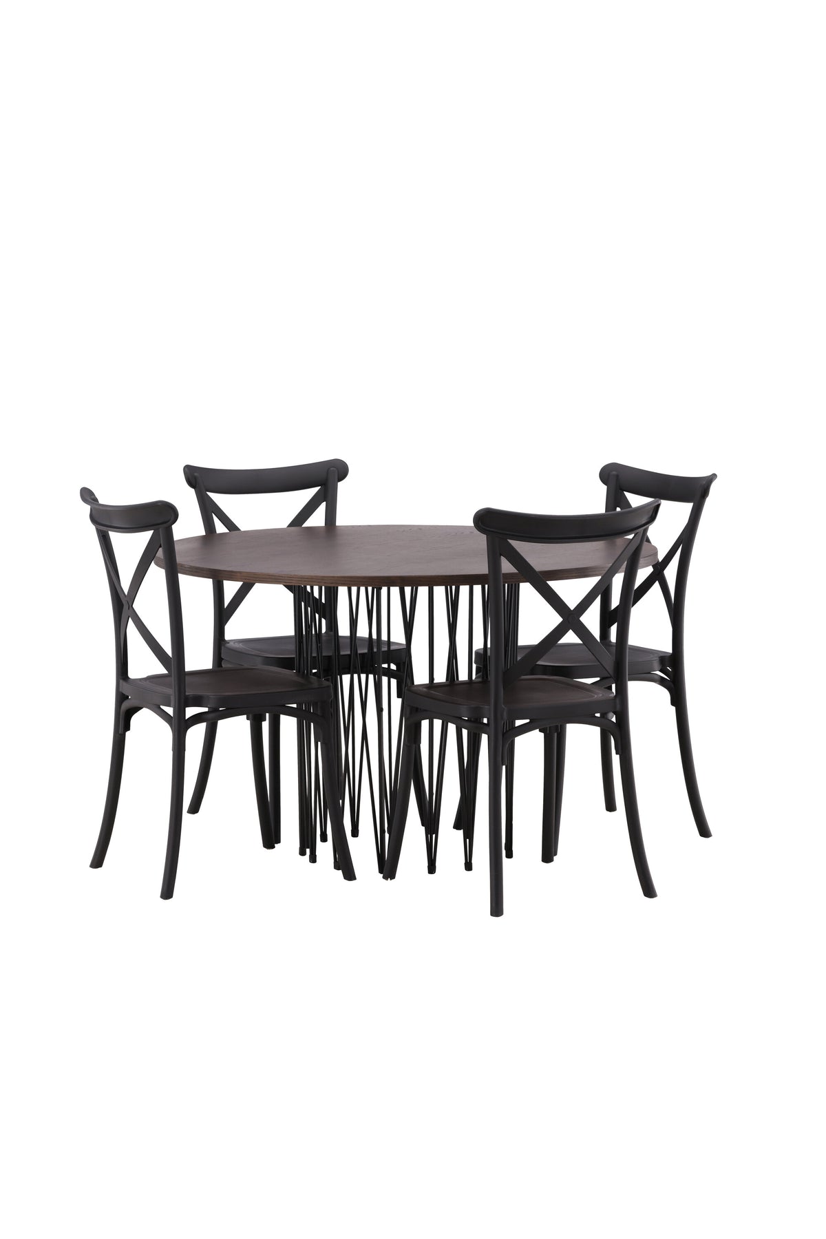 Rundes Esszimmerset mit Steinlook-Tisch aus MDF und Mocca-Furnier, schwarzem Metallgestell und vier Limhamn-Stühlen mit beigem Samtbezug.