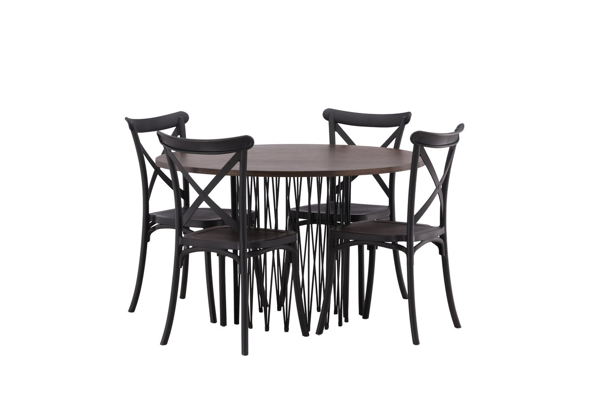 Rundes Esszimmerset mit Steinlook-Tisch aus MDF und Mocca-Furnier, schwarzem Metallgestell und vier Limhamn-Stühlen mit beigem Samtbezug.