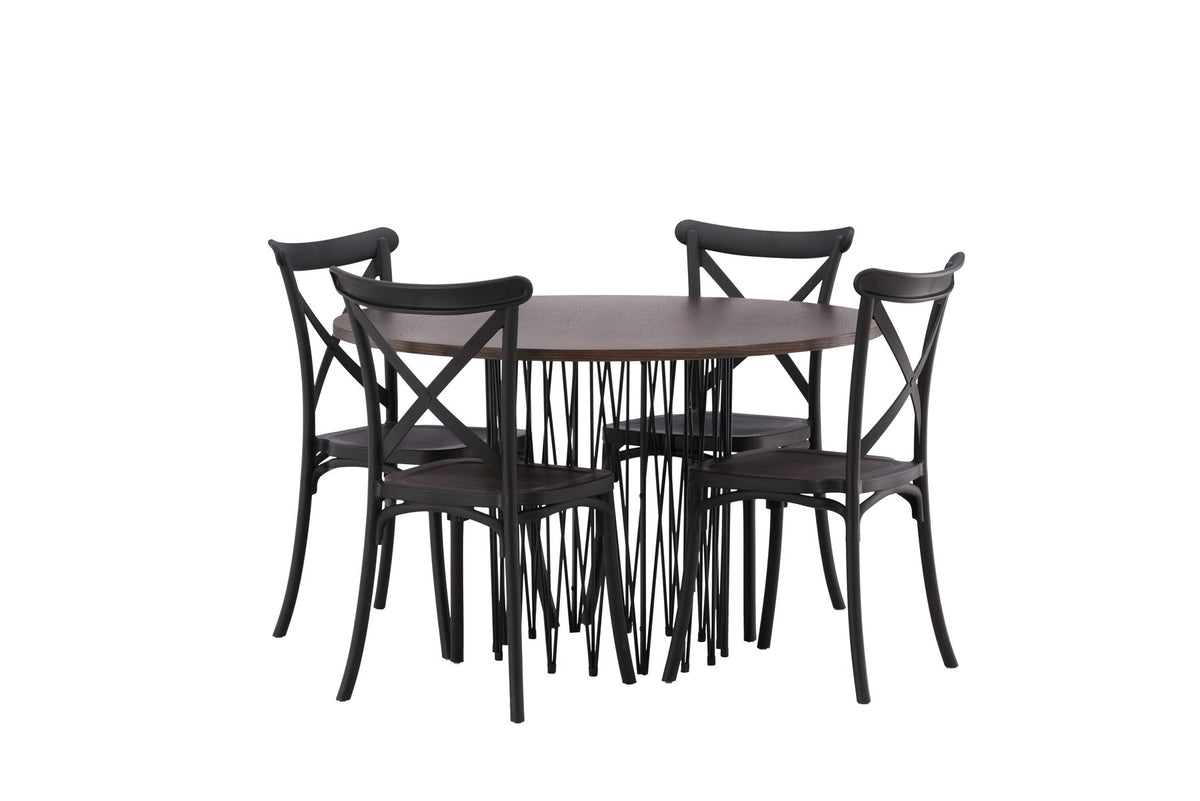 Rundes Esszimmerset mit Steinlook-Tisch aus MDF und Mocca-Furnier, schwarzem Metallgestell und vier Limhamn-Stühlen mit beigem Samtbezug.