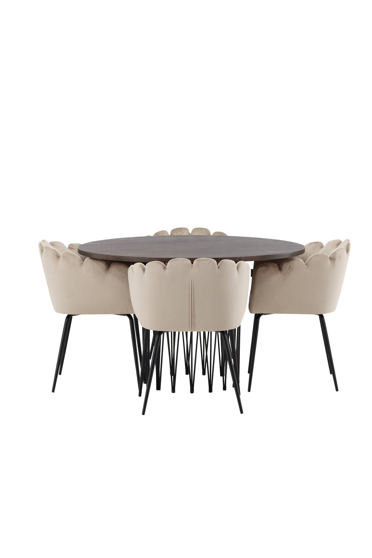 Rundes Esszimmerset mit Steinlook-Tisch aus MDF und Mocca-Furnier, schwarzem Metallgestell und vier Limhamn-Stühlen mit beigem Samtbezug.