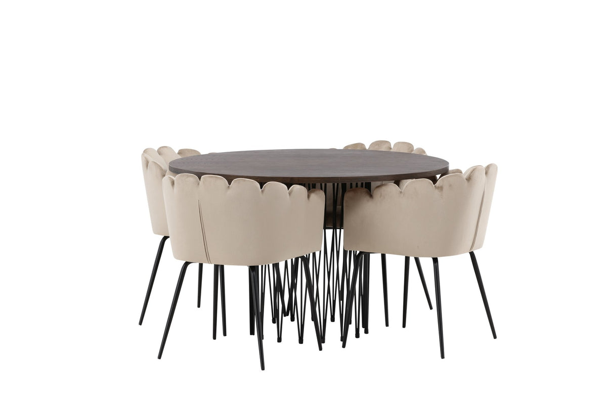 Rundes Esszimmerset mit Steinlook-Tisch aus MDF und Mocca-Furnier, schwarzem Metallgestell und vier Limhamn-Stühlen mit beigem Samtbezug.