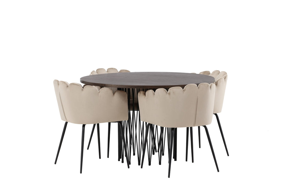Rundes Esszimmerset mit Steinlook-Tisch aus MDF und Mocca-Furnier, schwarzem Metallgestell und vier Limhamn-Stühlen mit beigem Samtbezug.