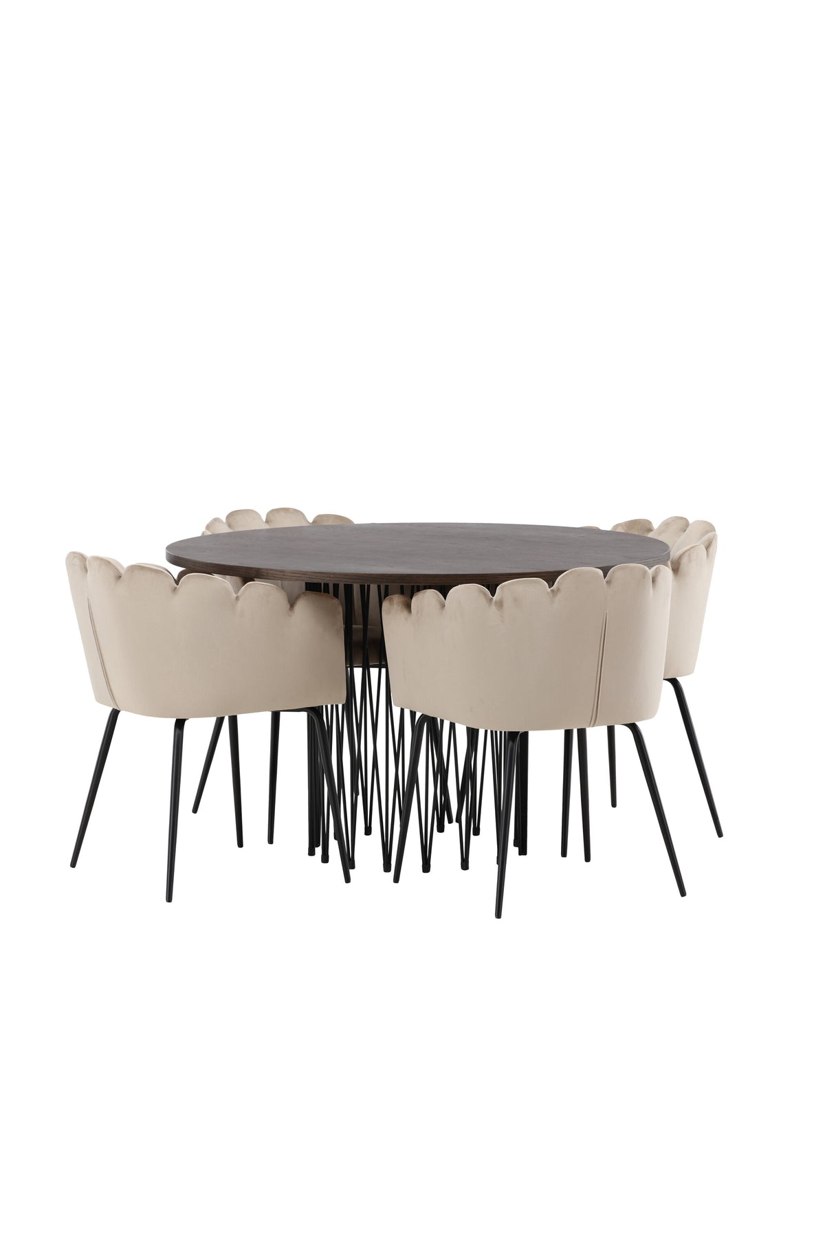 Rundes Esszimmerset mit Steinlook-Tisch aus MDF und Mocca-Furnier, schwarzem Metallgestell und vier Limhamn-Stühlen mit beigem Samtbezug.