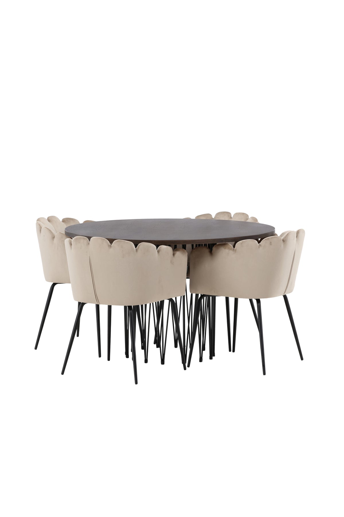 Rundes Esszimmerset mit Steinlook-Tisch aus MDF und Mocca-Furnier, schwarzem Metallgestell und vier Limhamn-Stühlen mit beigem Samtbezug.