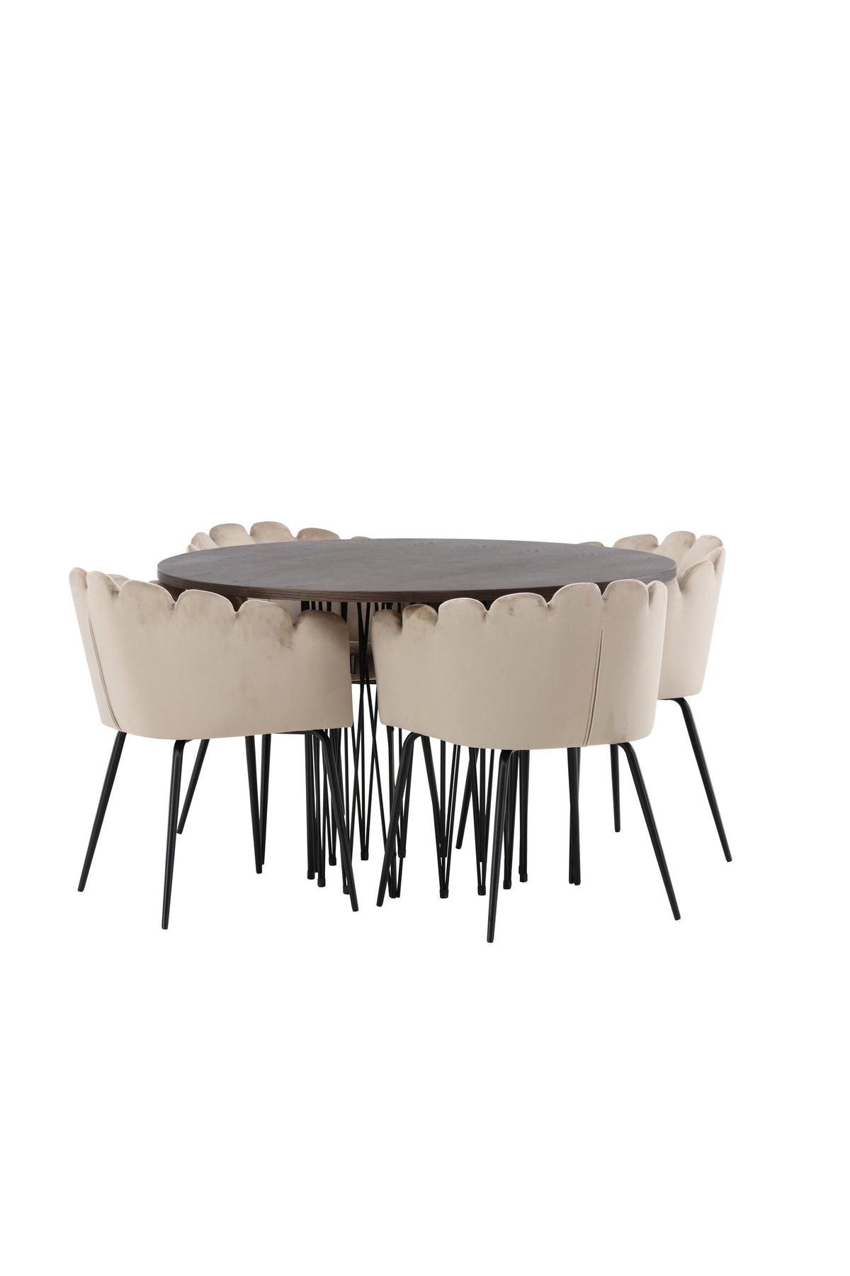 Rundes Esszimmerset mit Steinlook-Tisch aus MDF und Mocca-Furnier, schwarzem Metallgestell und vier Limhamn-Stühlen mit beigem Samtbezug.