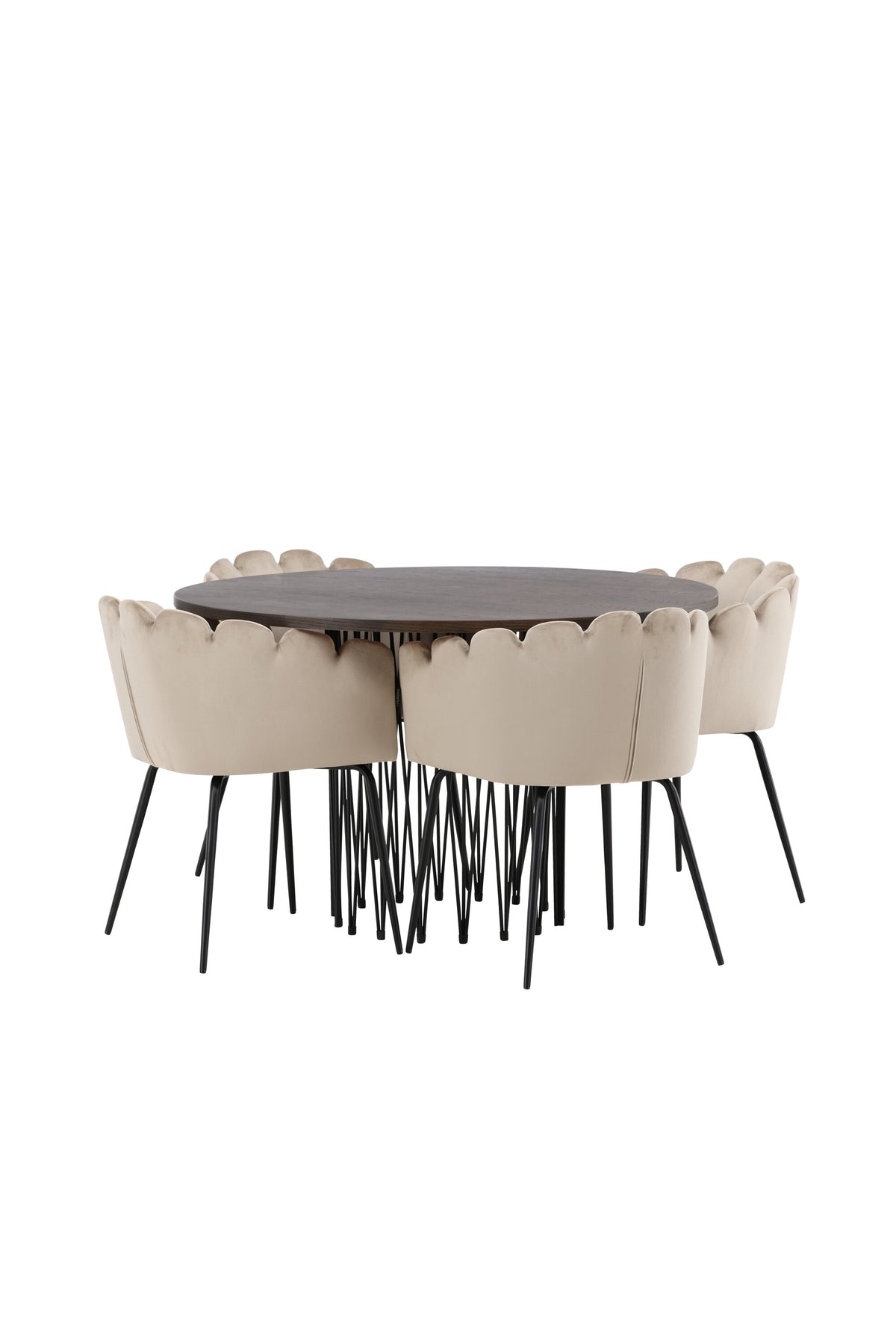 Rundes Esszimmerset mit Steinlook-Tisch aus MDF und Mocca-Furnier, schwarzem Metallgestell und vier Limhamn-Stühlen mit beigem Samtbezug.