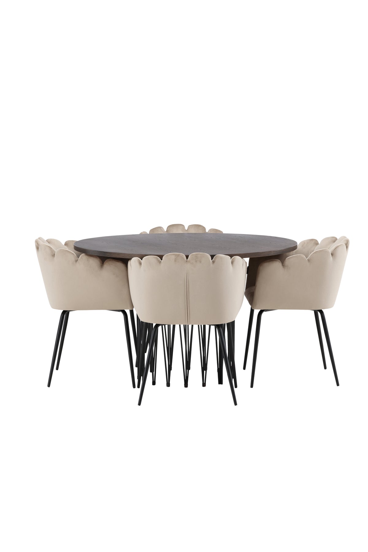 Rundes Esszimmerset mit Steinlook-Tisch aus MDF und Mocca-Furnier, schwarzem Metallgestell und vier Limhamn-Stühlen mit beigem Samtbezug.