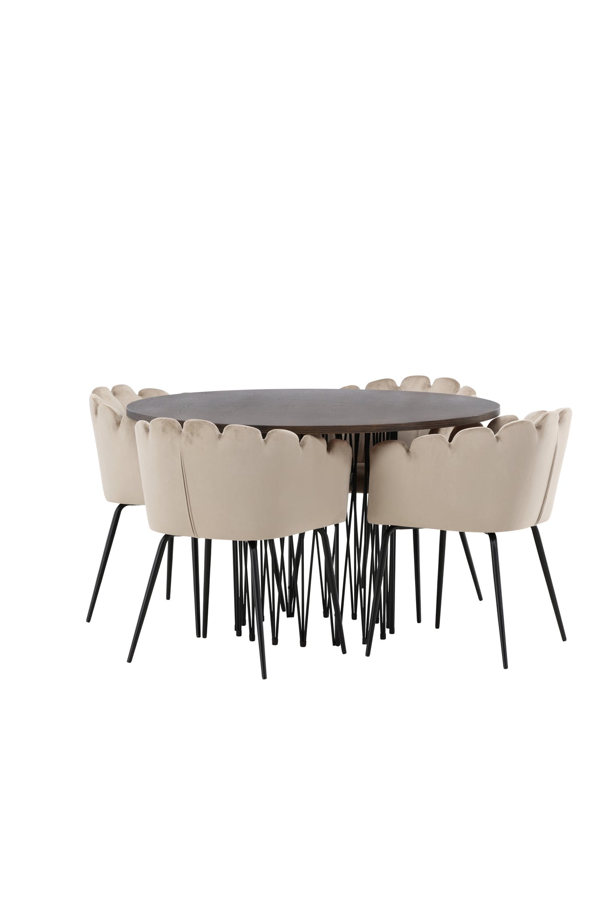 Rundes Esszimmerset mit Steinlook-Tisch aus MDF und Mocca-Furnier, schwarzem Metallgestell und vier Limhamn-Stühlen mit beigem Samtbezug.