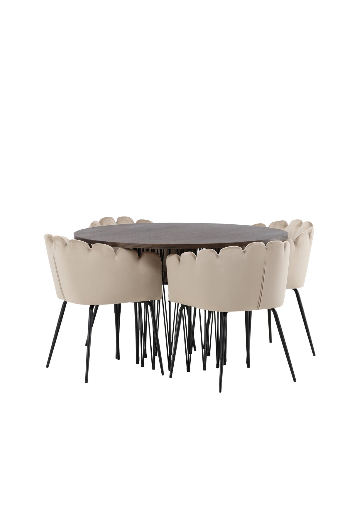 Rundes Esszimmerset mit Steinlook-Tisch aus MDF und Mocca-Furnier, schwarzem Metallgestell und vier Limhamn-Stühlen mit beigem Samtbezug.