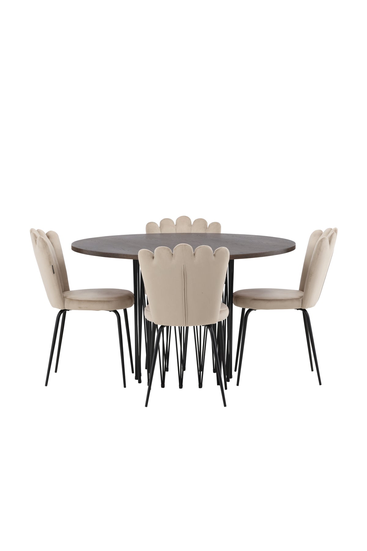 Rundes Esszimmerset mit Steinlook-Tisch aus MDF und Mocca-Furnier, schwarzem Metallgestell und vier Limhamn-Stühlen mit beigem Samtbezug.
