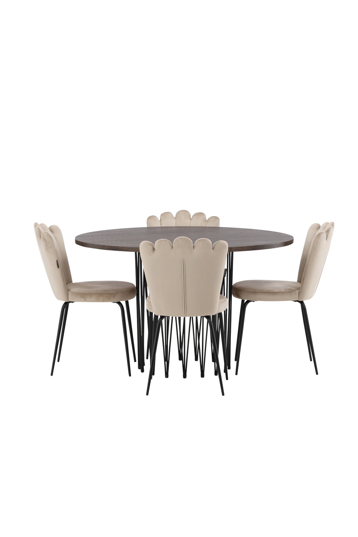 Rundes Esszimmerset mit Steinlook-Tisch aus MDF und Mocca-Furnier, schwarzem Metallgestell und vier Limhamn-Stühlen mit beigem Samtbezug.