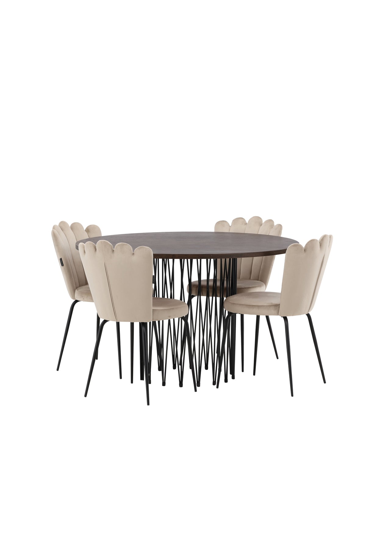Rundes Esszimmerset mit Steinlook-Tisch aus MDF und Mocca-Furnier, schwarzem Metallgestell und vier Limhamn-Stühlen mit beigem Samtbezug.