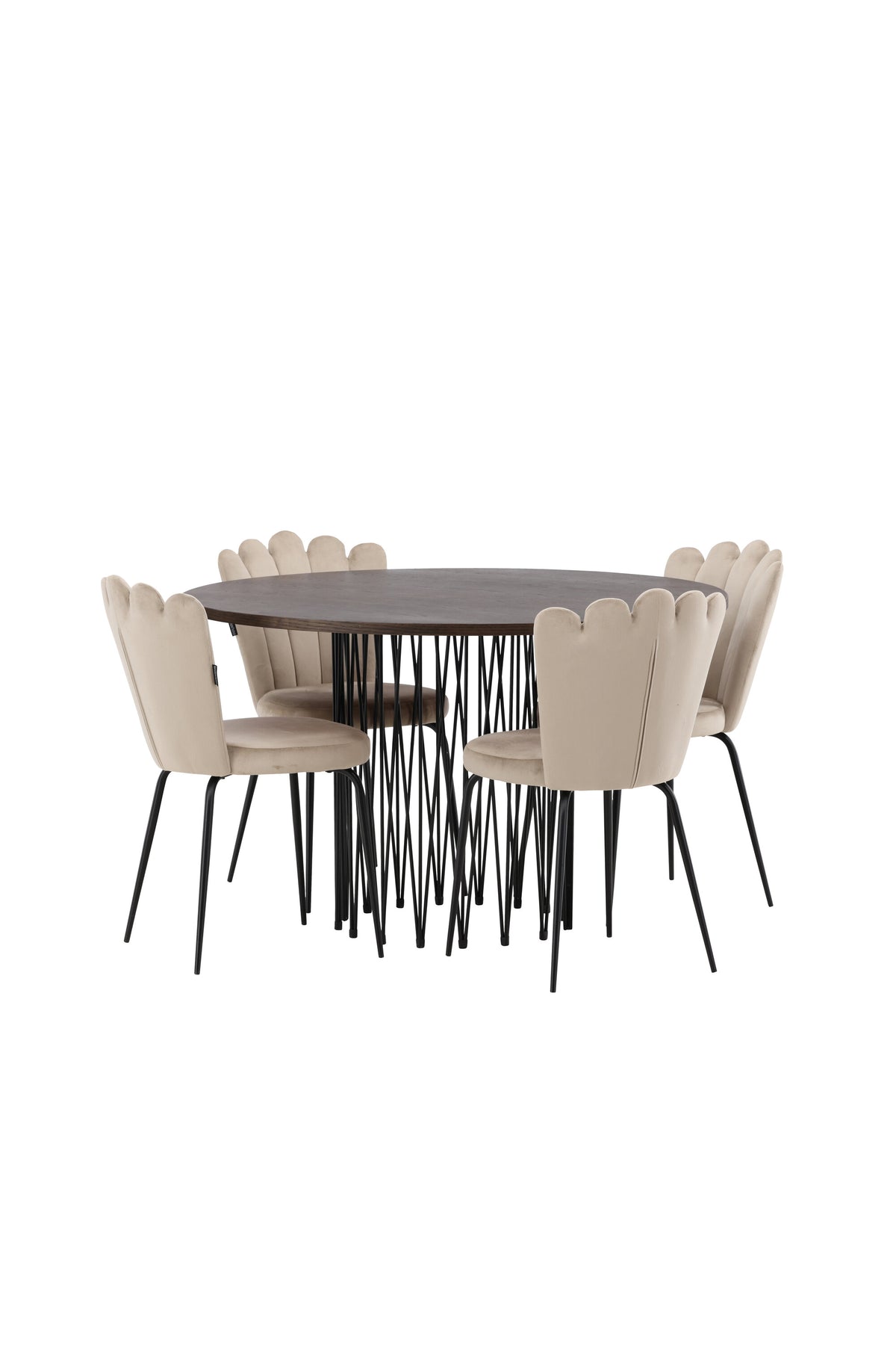 Rundes Esszimmerset mit Steinlook-Tisch aus MDF und Mocca-Furnier, schwarzem Metallgestell und vier Limhamn-Stühlen mit beigem Samtbezug.