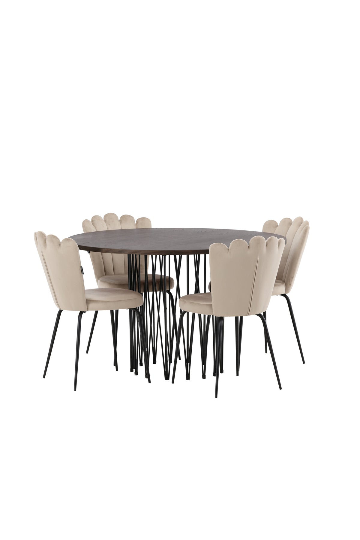 Rundes Esszimmerset mit Steinlook-Tisch aus MDF und Mocca-Furnier, schwarzem Metallgestell und vier Limhamn-Stühlen mit beigem Samtbezug.