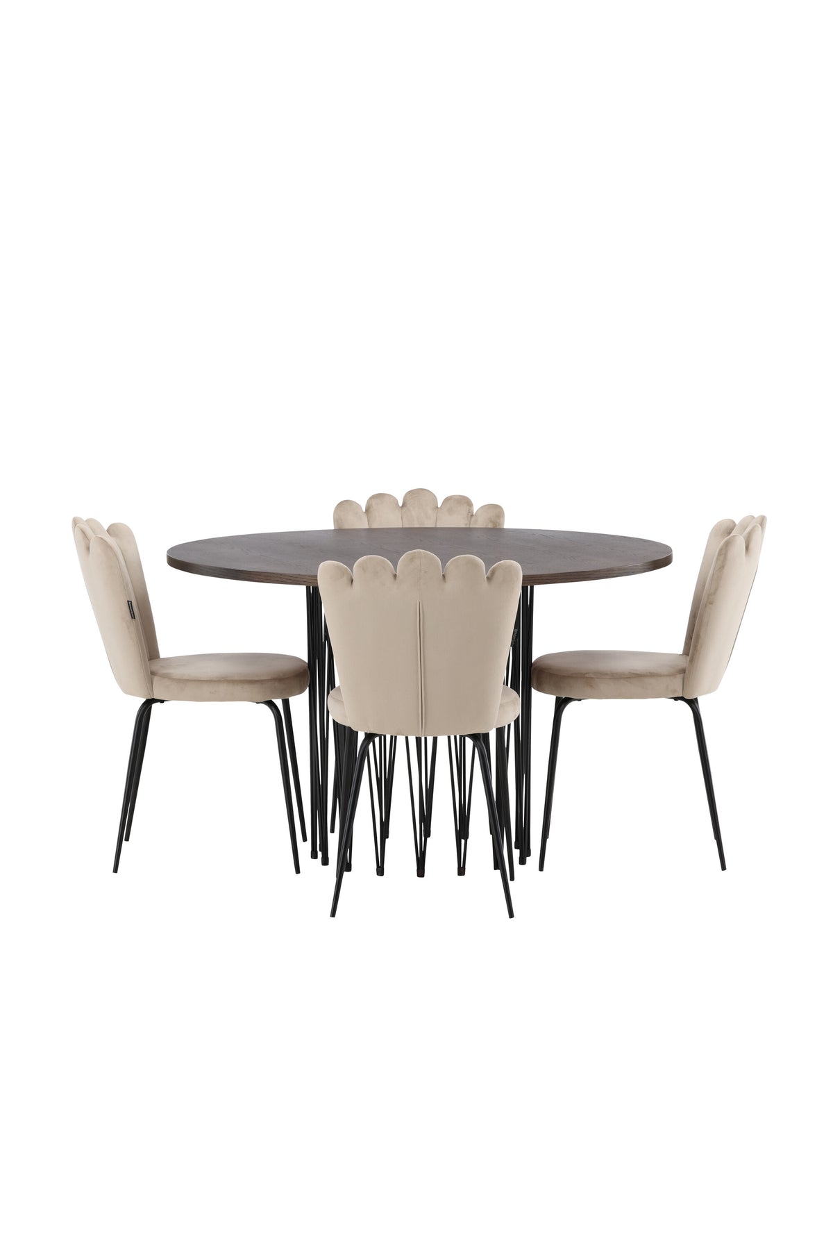 Rundes Esszimmerset mit Steinlook-Tisch aus MDF und Mocca-Furnier, schwarzem Metallgestell und vier Limhamn-Stühlen mit beigem Samtbezug.