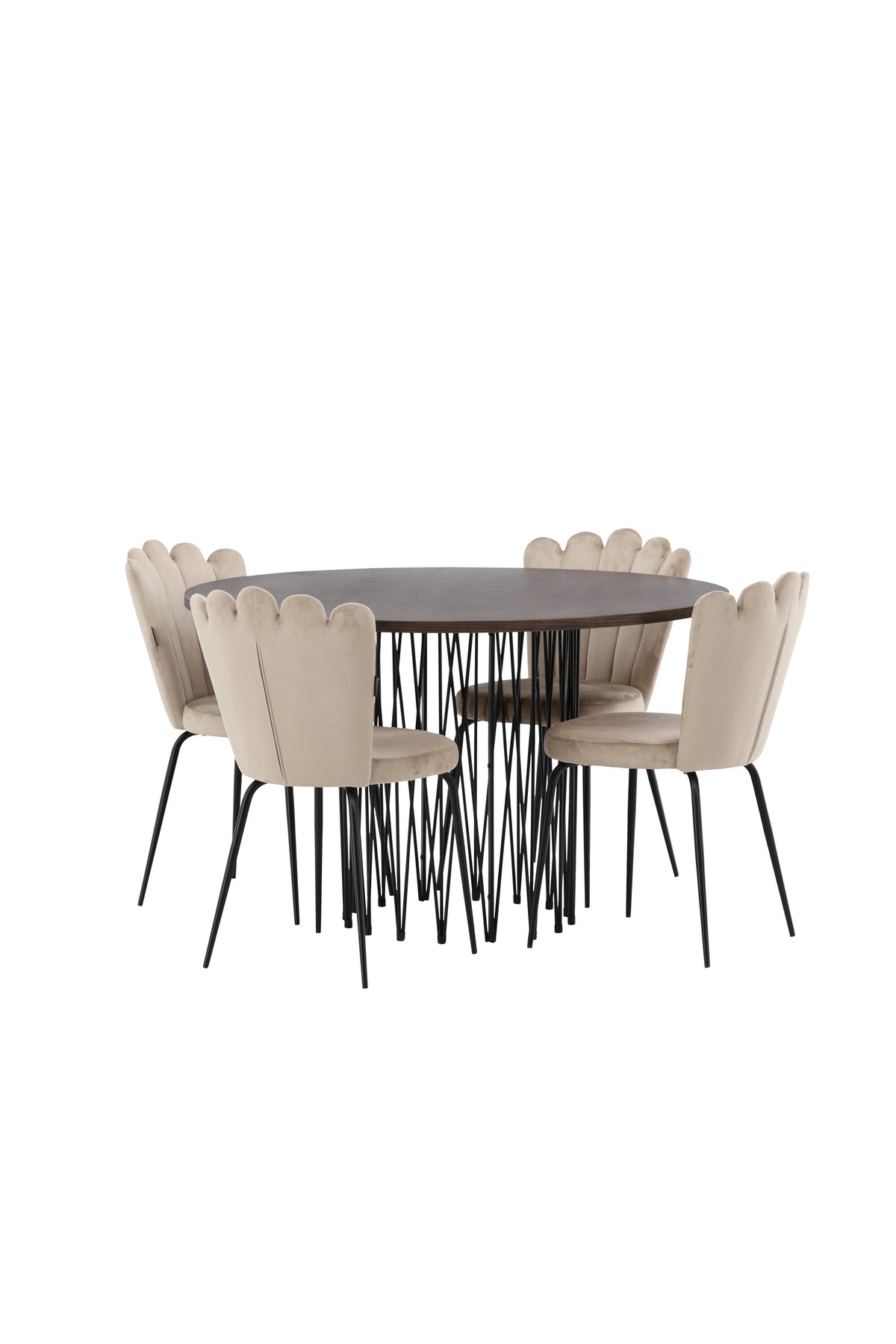 Rundes Esszimmerset mit Steinlook-Tisch aus MDF und Mocca-Furnier, schwarzem Metallgestell und vier Limhamn-Stühlen mit beigem Samtbezug.