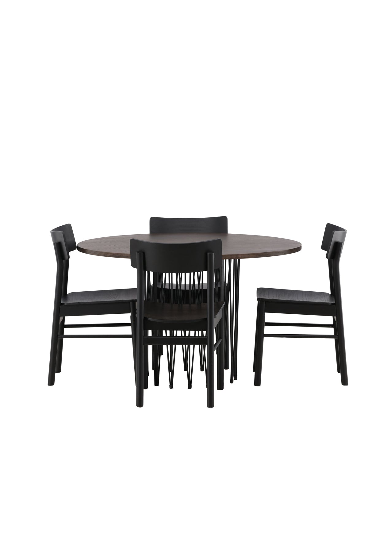Rundes Esszimmerset mit Steinlook-Tisch aus MDF und Mocca-Furnier, schwarzem Metallgestell und vier Limhamn-Stühlen mit beigem Samtbezug.