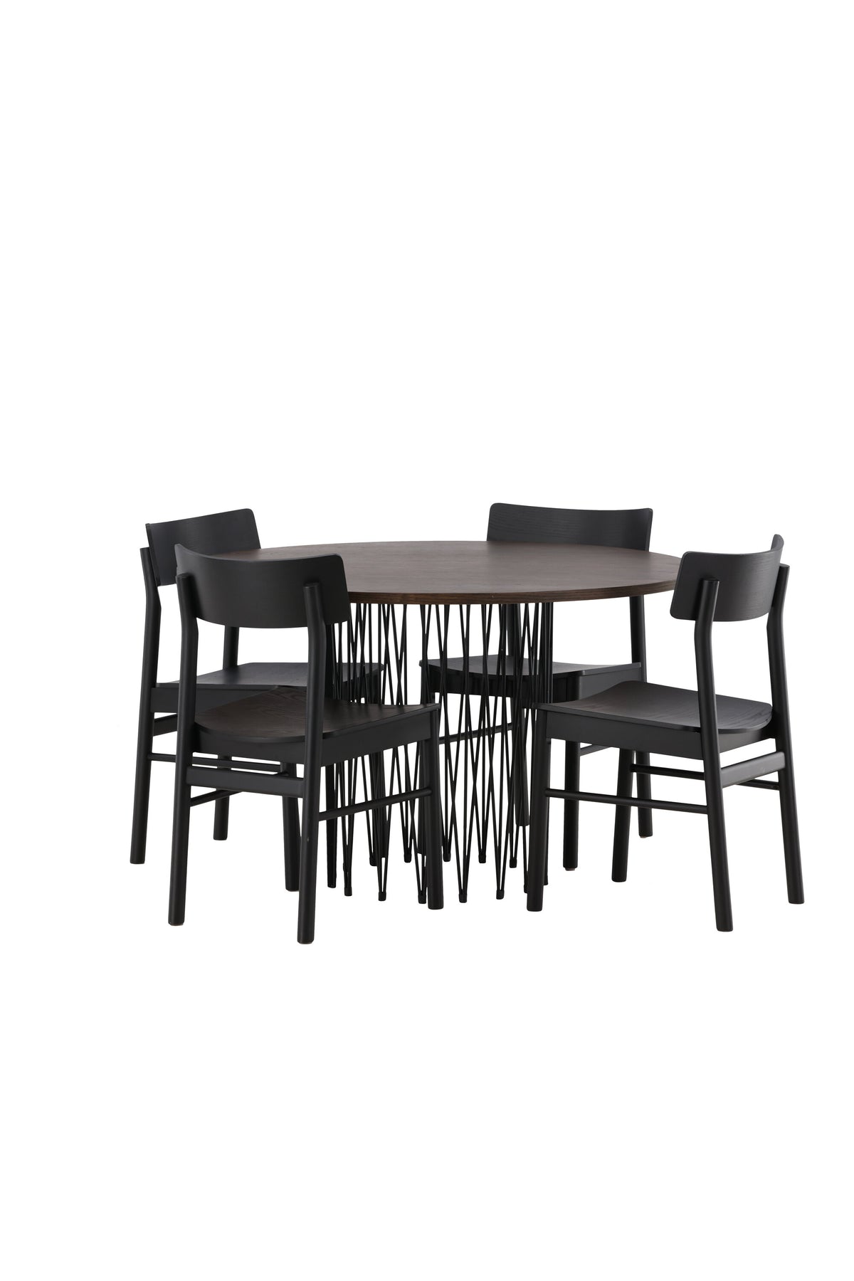 Rundes Esszimmerset mit Steinlook-Tisch aus MDF und Mocca-Furnier, schwarzem Metallgestell und vier Limhamn-Stühlen mit beigem Samtbezug.