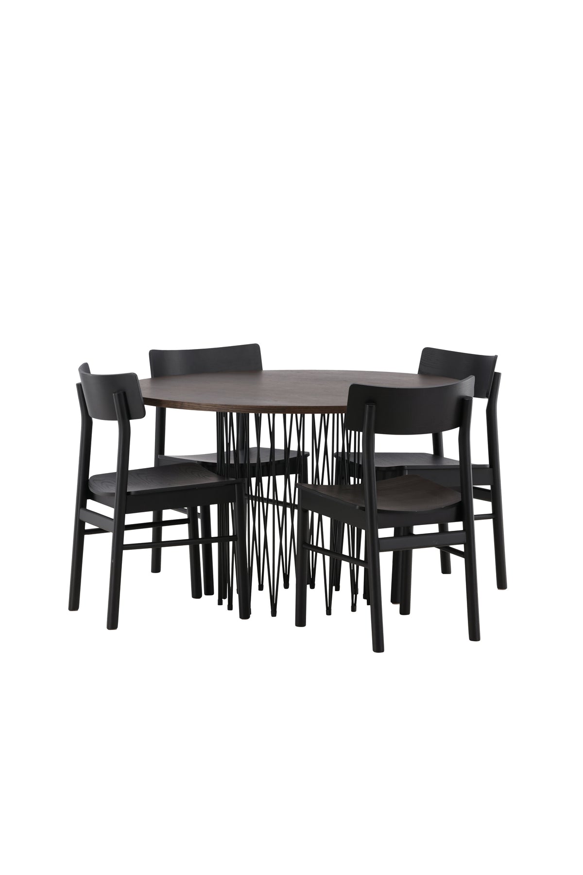 Rundes Esszimmerset mit Steinlook-Tisch aus MDF und Mocca-Furnier, schwarzem Metallgestell und vier Limhamn-Stühlen mit beigem Samtbezug.
