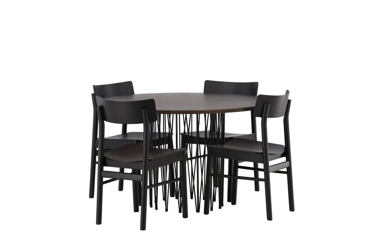 Rundes Esszimmerset mit Steinlook-Tisch aus MDF und Mocca-Furnier, schwarzem Metallgestell und vier Limhamn-Stühlen mit beigem Samtbezug.