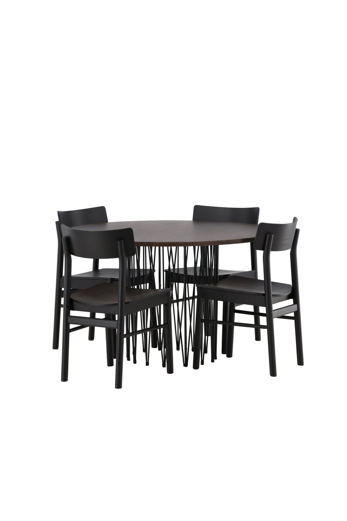 Rundes Esszimmerset mit Steinlook-Tisch aus MDF und Mocca-Furnier, schwarzem Metallgestell und vier Limhamn-Stühlen mit beigem Samtbezug.