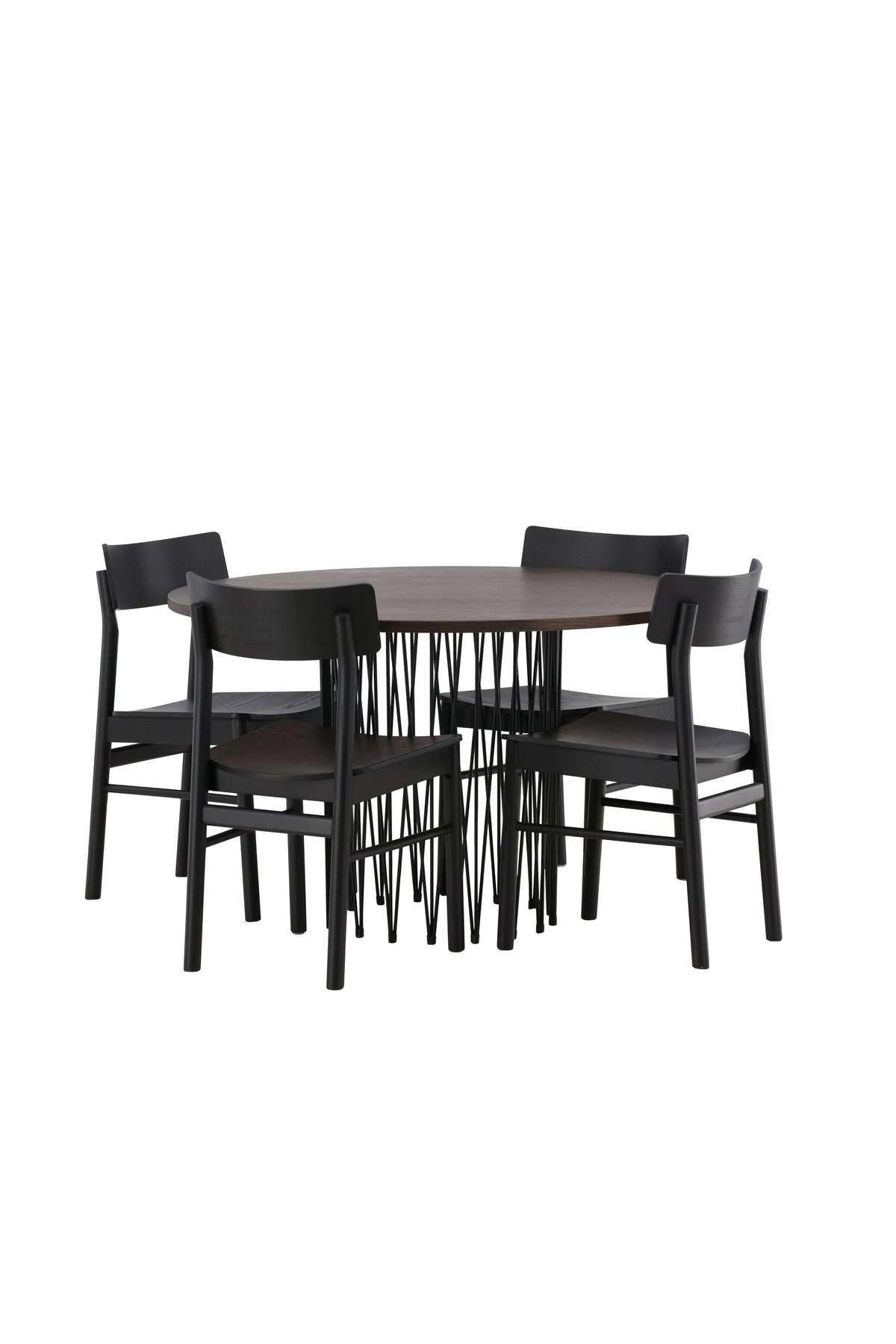 Rundes Esszimmerset mit Steinlook-Tisch aus MDF und Mocca-Furnier, schwarzem Metallgestell und vier Limhamn-Stühlen mit beigem Samtbezug.