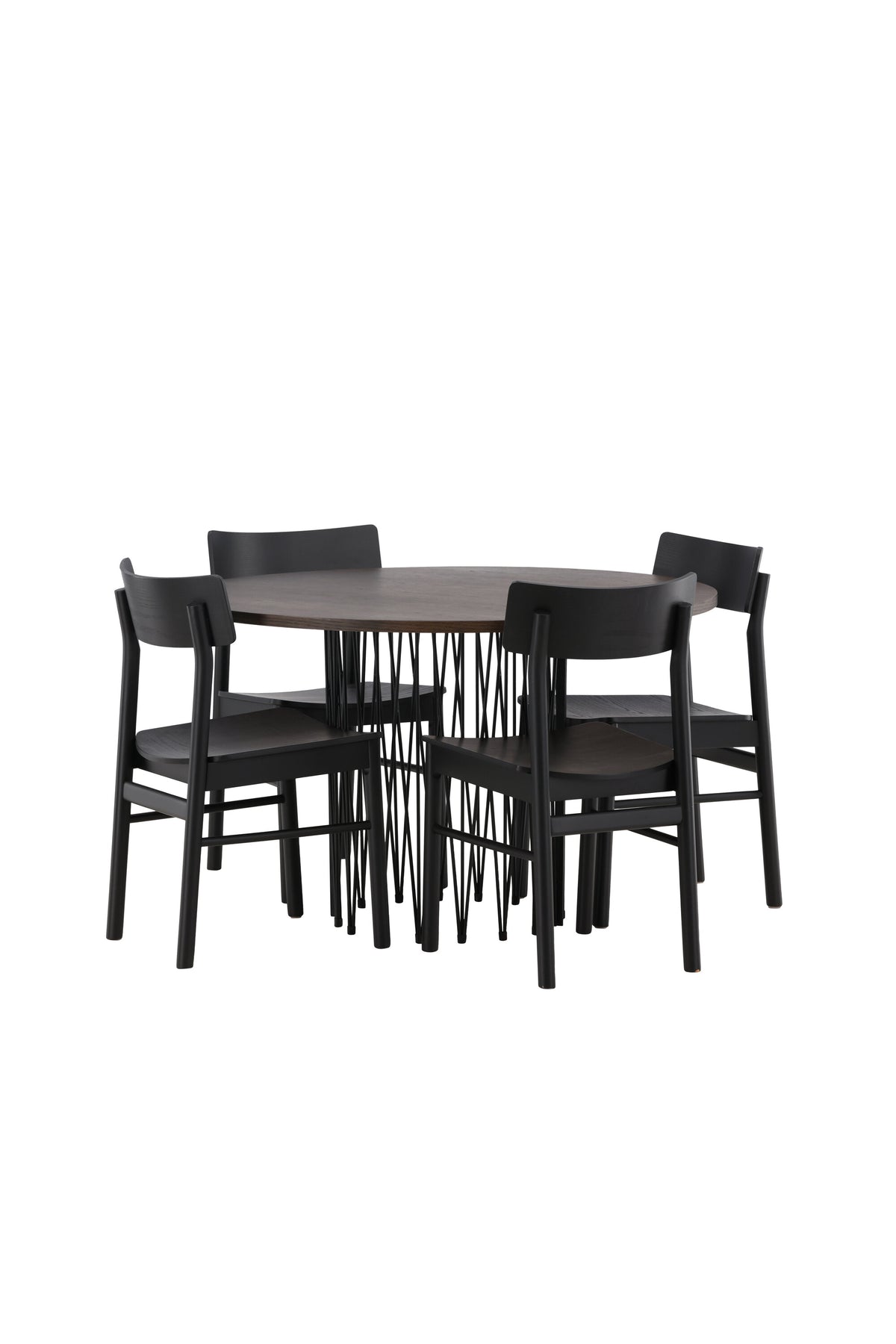 Rundes Esszimmerset mit Steinlook-Tisch aus MDF und Mocca-Furnier, schwarzem Metallgestell und vier Limhamn-Stühlen mit beigem Samtbezug.